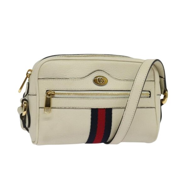 GUCCI Sherry Line Shoulder Bag Leather White Red Navy 517350 Auth 118604 - Picture 1 of 16